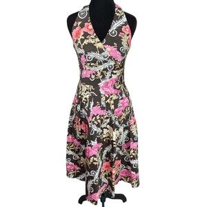 Kay Unger Cotton Blend Halter Style Pleated Dress in Brown Pink Floral Sz 4‎ Y2K